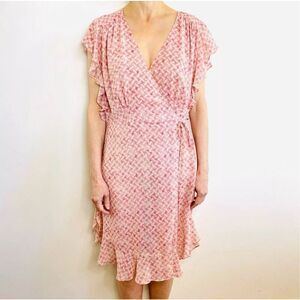 NWOT Feather & Bone by Anthropologie Flutter Sleeve Pink & Cream Wrap Dress S